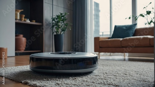 wireless futuristic vacuum hoover cleaning machine robot on schedule in a living room with HUD datum data and controls, concept of internet of things and smart home appliances a wide banner design