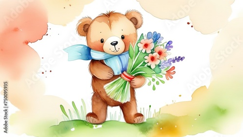 Teddy bear is holding bouquet of flowers isolated on pastel background. Concept of birthday and warmth  affection as teddy bear is symbol of love and comfort. Flowers add touch of beauty  color.