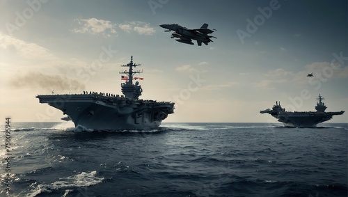 panoramic view of a generic military aircraft carrier ship with fighter jets take off during a special operation at a warzone, wide poster design with copy space area