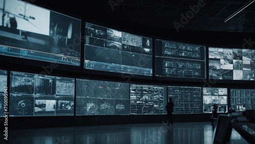 wide banner of security CCTV cameras and guard monitoring screen hud UI for advanced surveillance secure protection system and recording tape archive with online network IP connection