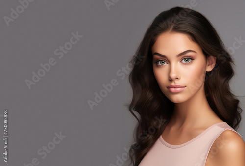 Portrait of young brunette woman with tank top on gray background. Copy space for text, advertising. Concept of beauty, anti aging, cosmetic, skin, care, make-up, cosmetics, plastic surgery