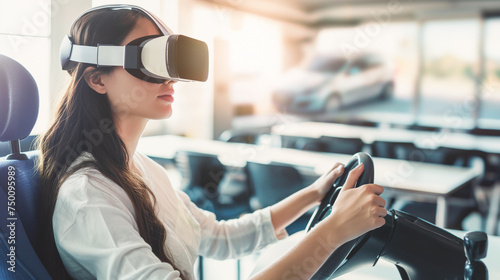 Driving school. a young woman wearing virtual reality glasses learns driving in a driving school. a girl in VR glasses sits in a classroom and controls a virtual machine using the steering wheel.