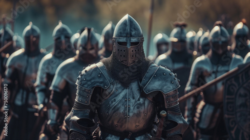 Medieval Knights in Full Armor with Helmets Ready to Battle