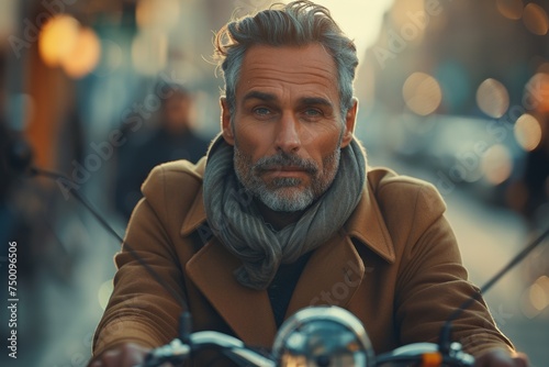 A confident and stylish mature man with a motorcycle, exuding elegance on a city street.