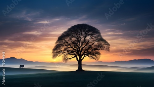 A solitary tree in the twilight, its silhouette reminiscent of ancient tales woven into the fabric of time