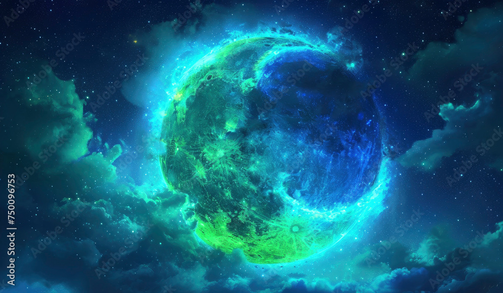 neon glowing green blue moon crescent atmospheric view neon glowing green blue moon crescent atmospheric view