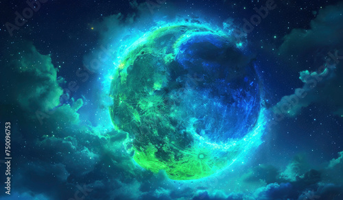 neon glowing green blue moon crescent atmospheric view
