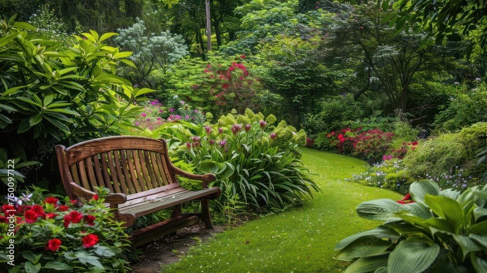 Obraz premium A peaceful lush garden with a wooden bench, vibrant green lawn, and flowering plants This image exudes serenity and the beauty of nature