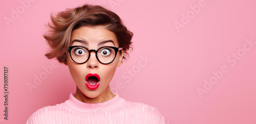 Une belle jeune femme surprise, étonnée, portant des lunettes, sur fond rose, image avec espace pour texte.