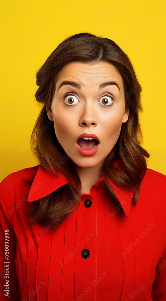 Portrait d'une belle femme brune surprise, étonnée, sur fond jaune. Portrait d'une belle femme brune surprise, étonnée, sur fond jaune.