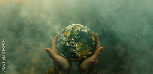 An illustration representing a green environmental concept featuring hands holding the Earth  symbolizing care and responsibility towards the planet and environment.