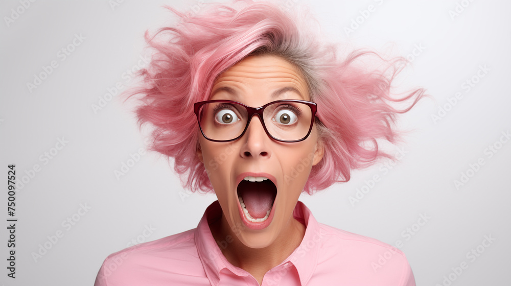 Portrait d'une femme senior surprise, étonnée, cheveux rose, portant des lunettes, sur fond blanc, image avec espace pour texte.