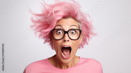 Portrait d'une femme senior surprise, étonnée, cheveux rose, portant des lunettes, sur fond blanc, image avec espace pour texte. © David Giraud