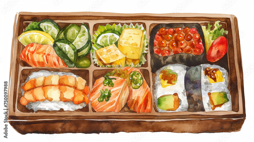 top view of japanese bento box in watercolor style top view of japanese bento box in watercolor style