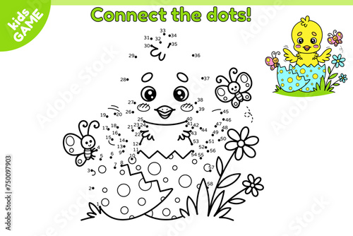 Dot to dot Easter game for children. Connect the dots by numbers, draw a cartoon chick hatched from egg and color it. Educational puzzle for school kids. Vector illustration on spring holiday theme.