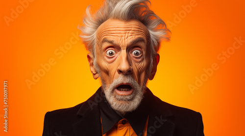 Portrait d'une homme senior surpris, étonné, sur fond orange, image avec espace pour texte.
