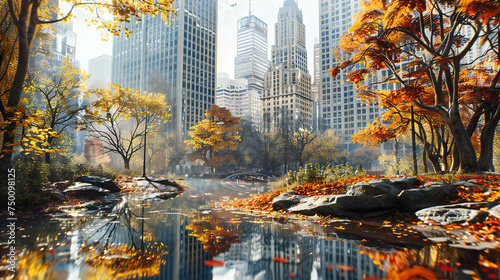 Autumn in the City Park, Skyscrapers Meet Seasonal Hues, An Urban Oasis in Fall photo
