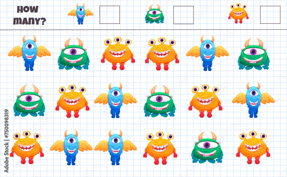 Counting game for kids with funny colorful monsters. Vector illustration
