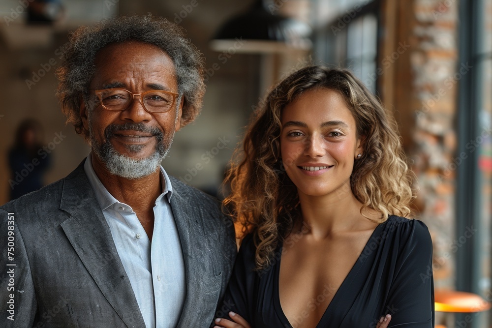 A cheerful and positive black senior professor and a young successful student together at an event. A cheerful and positive black senior professor and a young successful student together at an event.