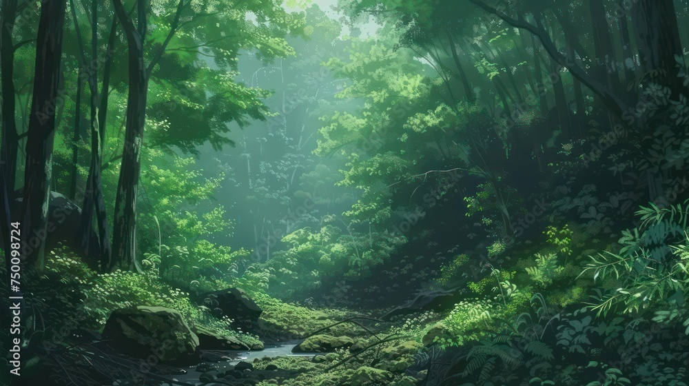 A serene forest scene with sun rays breaking through the foliage and highlighting a gentle stream amongst rich greenery A serene forest scene with sun rays breaking through the foliage and highlighting a gentle stream amongst rich greenery