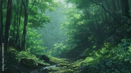 A serene forest scene with sun rays breaking through the foliage and highlighting a gentle stream amongst rich greenery