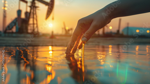 Hand of person touching oil near an oil rig.