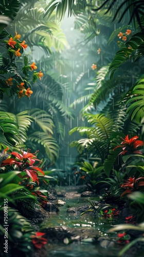 This image captures a serene tropical rainforest scene with a focus on lush foliage and vibrant flowers amidst gentle rainfall