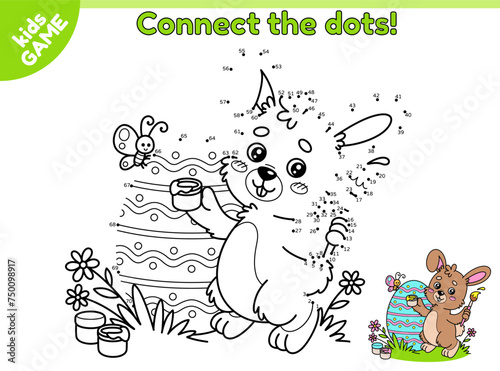 Dot to dot Easter kids game. Connect the dots by numbers, draw the cartoon rabbit. Cute hare paints the festive egg with a brush. Educational puzzle for children. Vector design on spring holiday theme