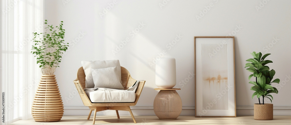Immerse yourself in the eclectic ambiance of a modern living room featuring a wicker chair, floor vases, and a blank mockup poster frame against a clean white wall. - obrazy, fototapety, plakaty 