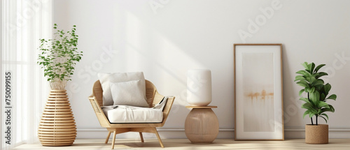 Immerse yourself in the eclectic ambiance of a modern living room featuring a wicker chair, floor vases, and a blank mockup poster frame against a clean white wall.