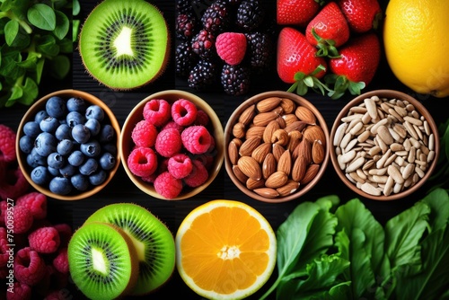Diverse selection of fresh fruits, vegetables, greens, berries, and nuts for immune health