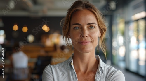 A young entrepreneurial woman posing confidently in a well-lit  stylish cafe.