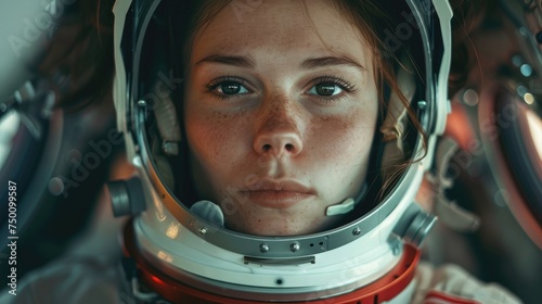 Close-up of a young female astronaut with a determined gaze, wearing a space suit helmet.