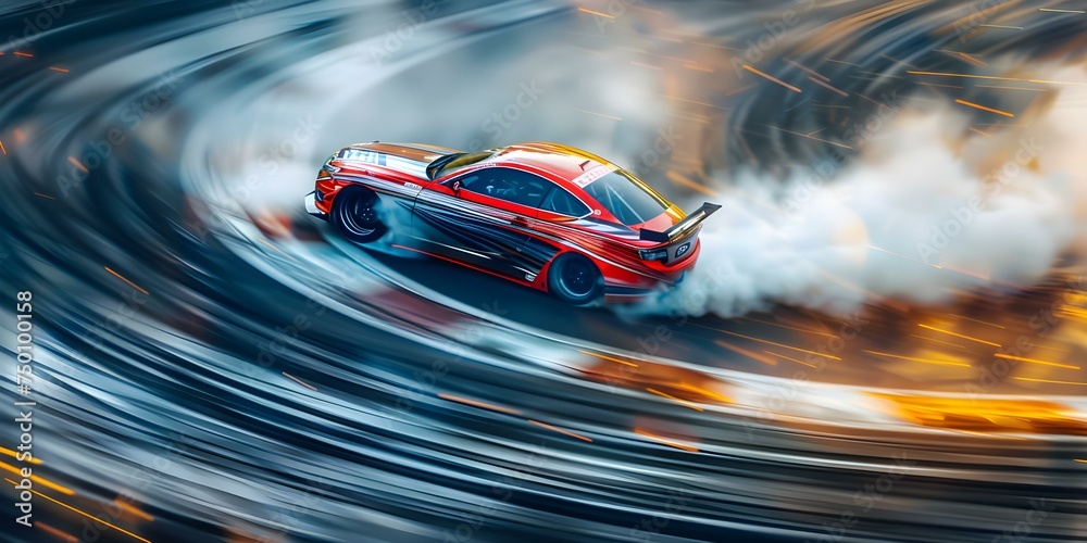 Speeding car drifts with tire smoke motion blur effect on track. Concept Motorsport, Drifting, Speed, Tire Smoke, Action Shots