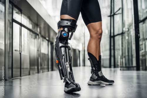 Guy walks bioprosthesis with on leg indoors photo