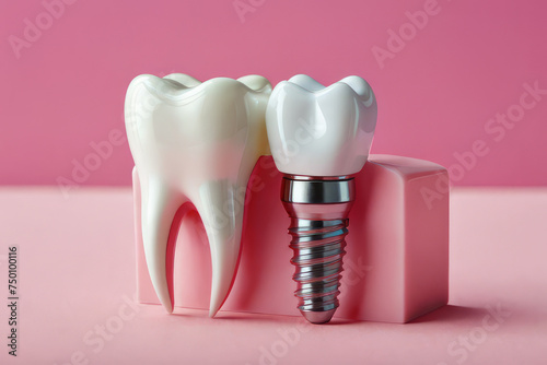 3d render of teeth with dental implant on pink background