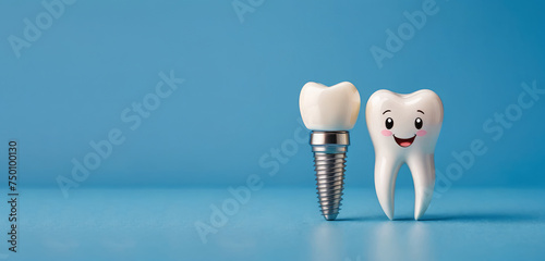 Two dental implant model of molar tooth as a concept of implantation teeth and dental surgery. 3d rendering illustration isolated on blue background, banner photo