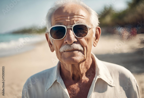 Senhor idoso de ferias de verão na praia.