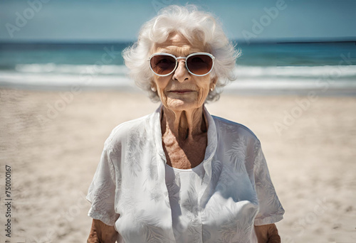 Senhora idosa aproveitando as ferias de verão na praia photo