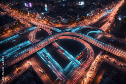 Expressway top view. Road traffic illustration background In the night city