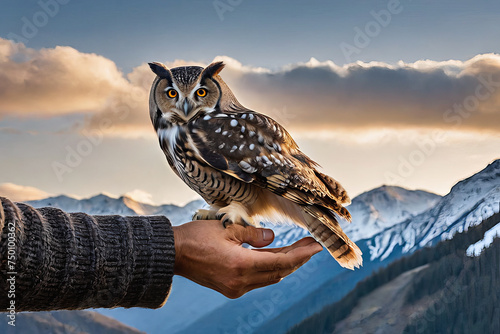 Man's hand holds an owl bird in the snowy mountains
