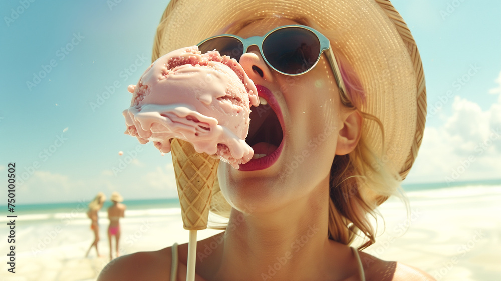 Kobieta jedząca dużego loda na plaży - obrazy, fototapety, plakaty 