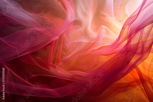 Abstract silky fabric background, red, crimson, yellow and pink coloured elegant horizontal backdrop, soft folds, luxury design