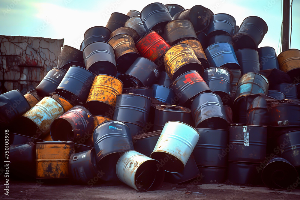 Fototapeta premium Oil drums dump. Pile of oil drums in landfill. Mound of oil drums near petrochemical plant. Oil barrels garbage at oil refinery. Gallon drum and Steel barrels for chemistry.