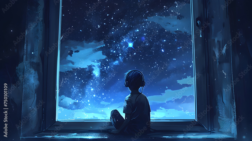 Digital painting of a lonely boy sitting on a window ledge, looking out at a starry night sky, wearing headphones to intensify his isolation


