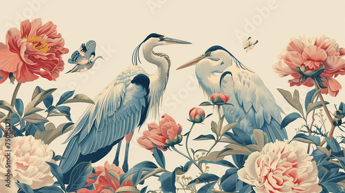 neutral chinoiserie pattern with heron birds. Vintage wallpaper ideal for interior design