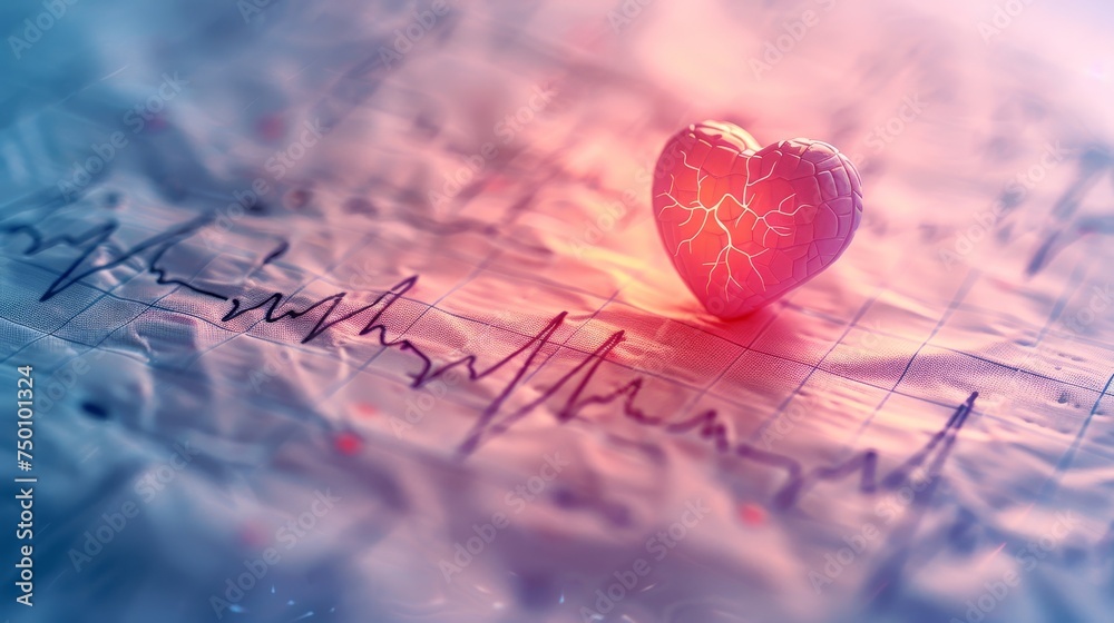 A conceptual image highlighting heart health with a 3D heart model over an electrocardiogram (ECG) tracing with glowing elements. - obrazy, fototapety, plakaty 