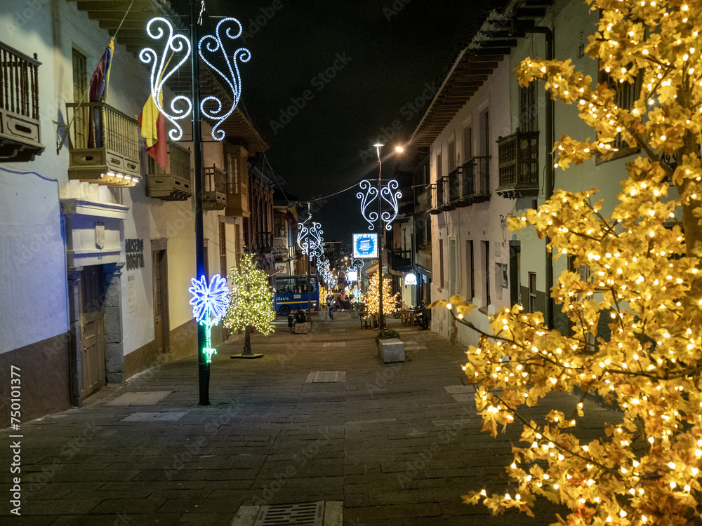 Christmas decorated evening street in Bogotá. Colombia