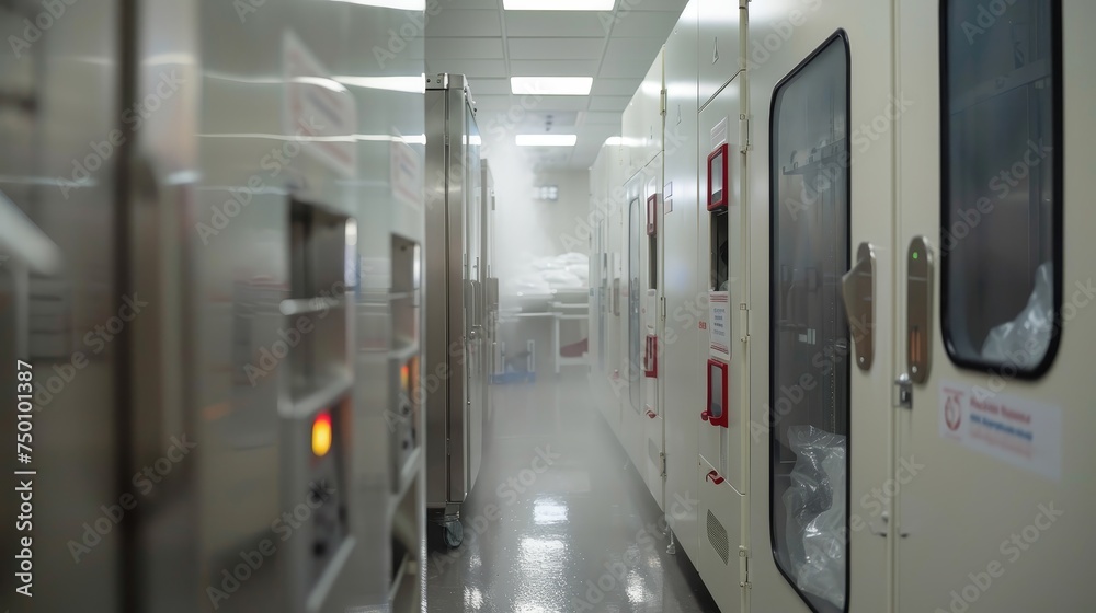 A corridor of industrial kitchen ovens with steam in a professional bakery, signaling ongoing baking. A corridor of industrial kitchen ovens with steam in a professional bakery, signaling ongoing baking.