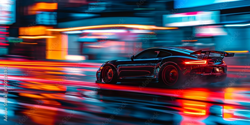 Nighttime urban car drifting with futuristic AI concept for speed racing enthusiasts. Concept Nighttime Urban Drifting, Futuristic AI Concept, Speed Racing Enthusiasts